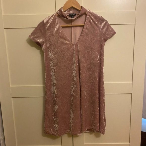 Velvet Light Pink Choker Mini Skater Dress - Picture 1 of 2